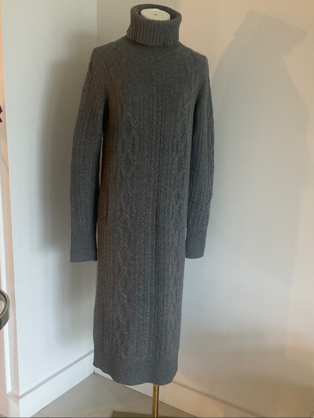 Turtleneck Cable Knit Long Italian Cashmere Dress - Gray sz S